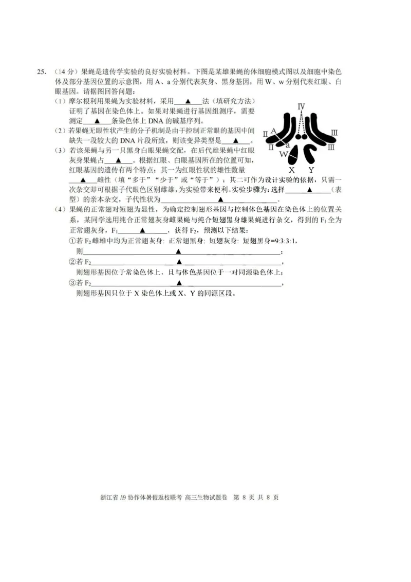 浙江省A9协作体2023-2024学年高三暑假返校联考生物(1)_2023年8月_028月合集_2024届浙江省A9协作体高三上学期暑假返校联考