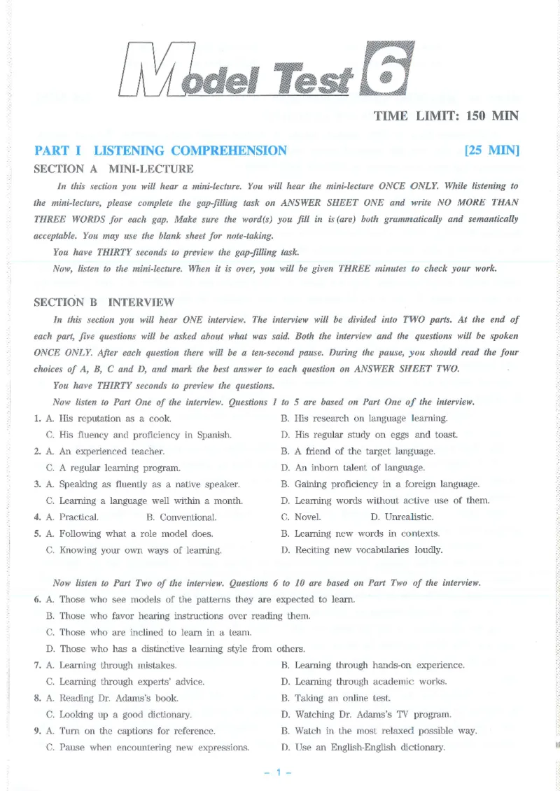 Modeltest6​_2025专四专八真题及备考资料_2009-2024专八真题+备考资料_24专八预测押题卷_专八押题卷7套_第6套预测+解析+听力