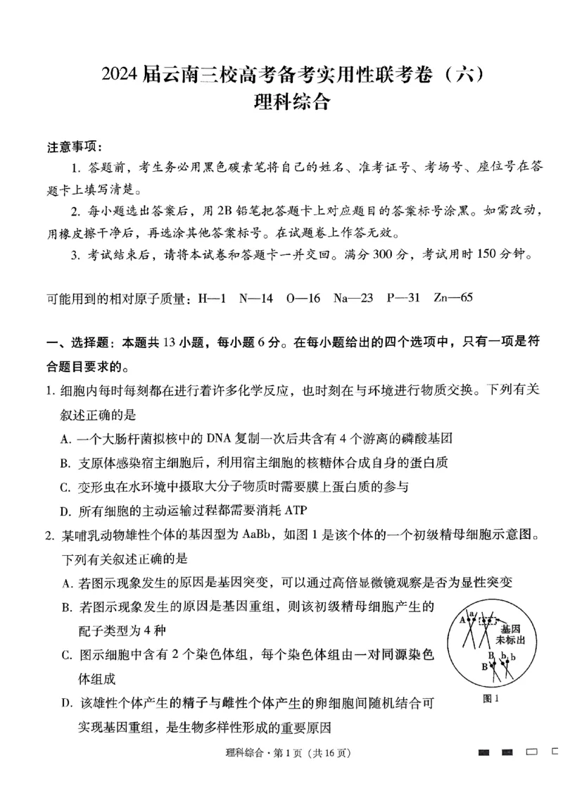 2024届云南省三校高考备考实用性联考卷（六）理科综合_2024年2月_01每日更新_24号_2024届云南省三校高考备考实用性联考卷（六）