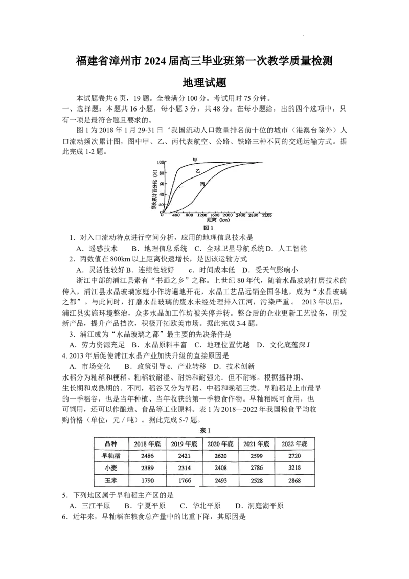 福建省漳州市2023-2024学年高三上学期第一次教学质量检测地理试题(1)_2023年9月_029月合集_2024届福建省漳州市高三上学期第一次教学质量检测