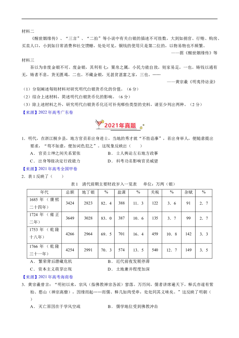 专题04明清社会转型（原卷版）_赠送：2008-2024全套高考真题_高考历史真题_送高考历史五年真题(2019-2023)分项汇编（全国通用）