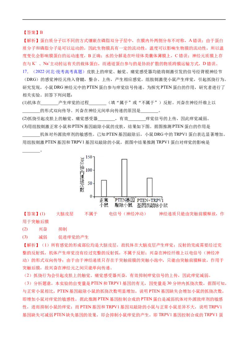 专题14神经调节-五年（2019-2023）高考生物真题分项汇编（全国通用）（解析版）_赠送：2008-2024全套高考真题_高考生物真题_送高考生物五年真题(2019-2023)分项汇编（全国通用）