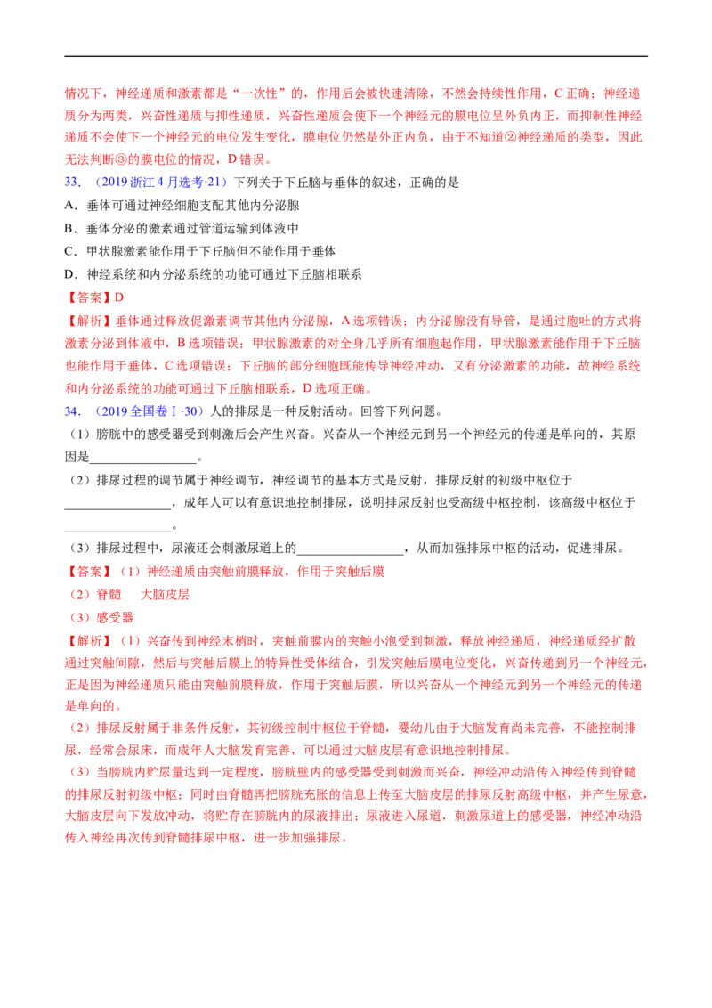 专题14神经调节-五年（2019-2023）高考生物真题分项汇编（全国通用）（解析版）_赠送：2008-2024全套高考真题_高考生物真题_送高考生物五年真题(2019-2023)分项汇编（全国通用）
