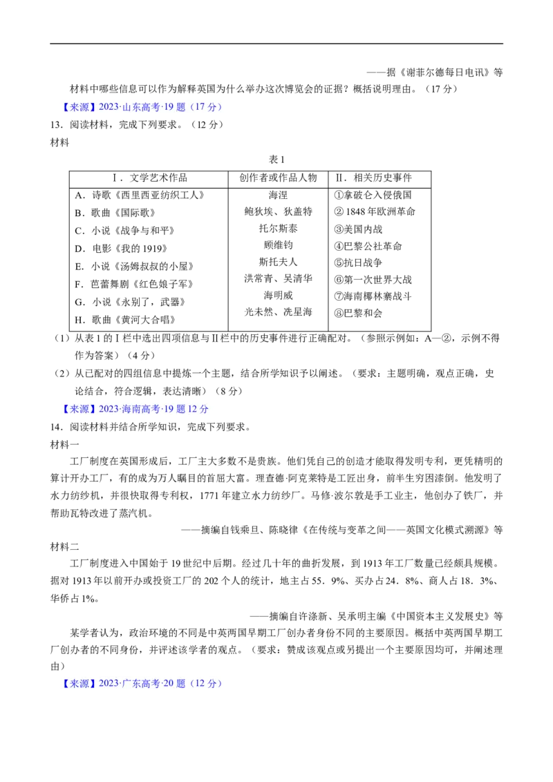 专题10工业革命与马克思主义的诞生（原卷版）_赠送：2008-2024全套高考真题_高考历史真题_送高考历史五年真题(2019-2023)分项汇编（全国通用）