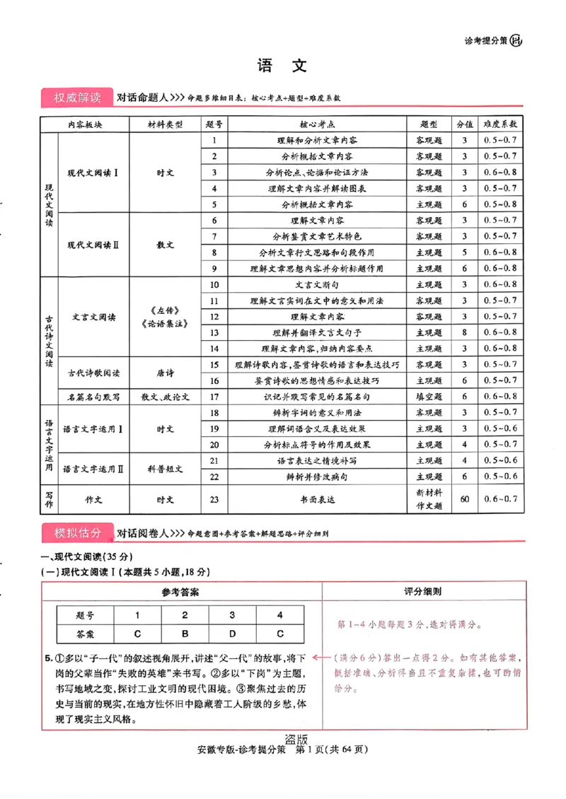 王后雄高考押题预测卷2024安徽专版诊考提分册_2024高考押题卷_22024王hou雄_（新高考）2024王后雄押题预测卷（分科版）_1.语文