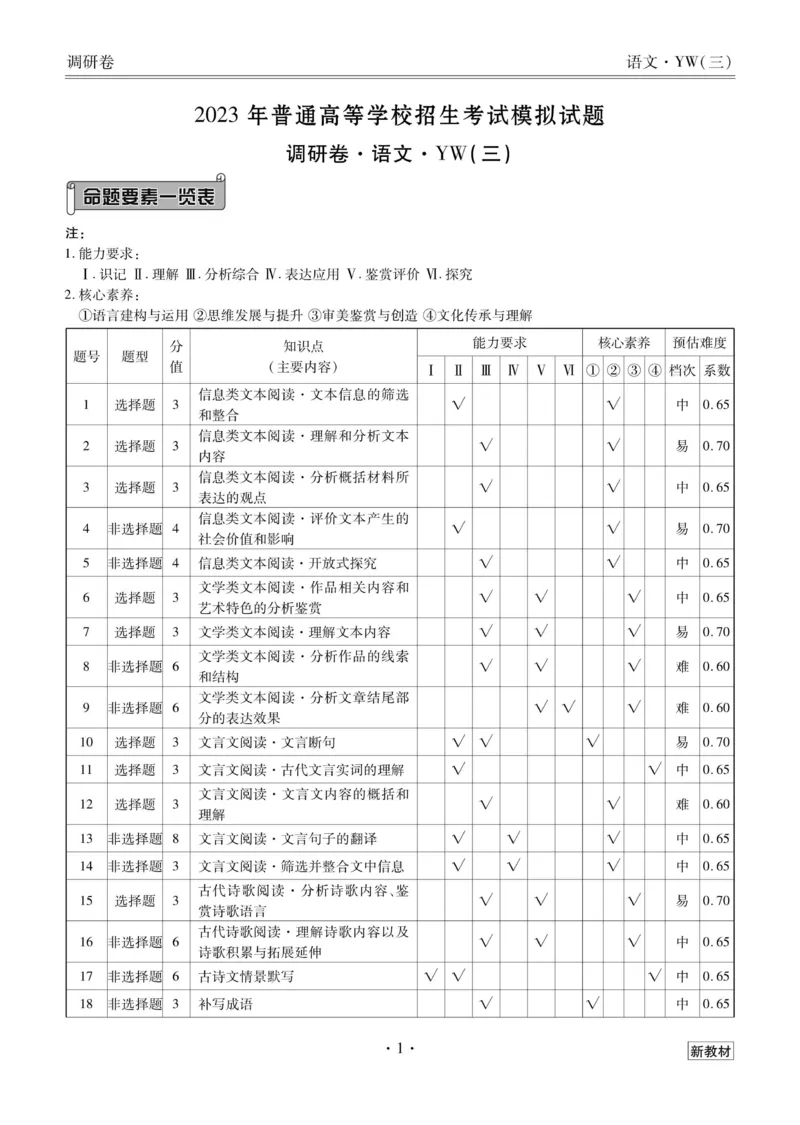 语文答案_2023高考押题卷_32023高考衡水金卷先享题调研卷_新教材版_调研卷&middot;语文