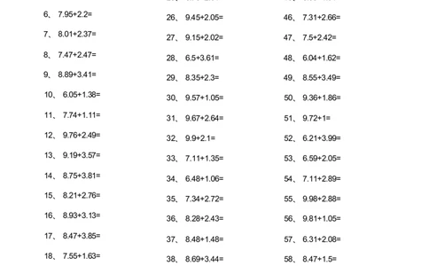 2位小数+2位小数第1-20篇_编码0121-6年级数学口算计算_口算题（适合4年级）_小数-加法（160篇）_（小数）2位小数+2位小数（60篇）