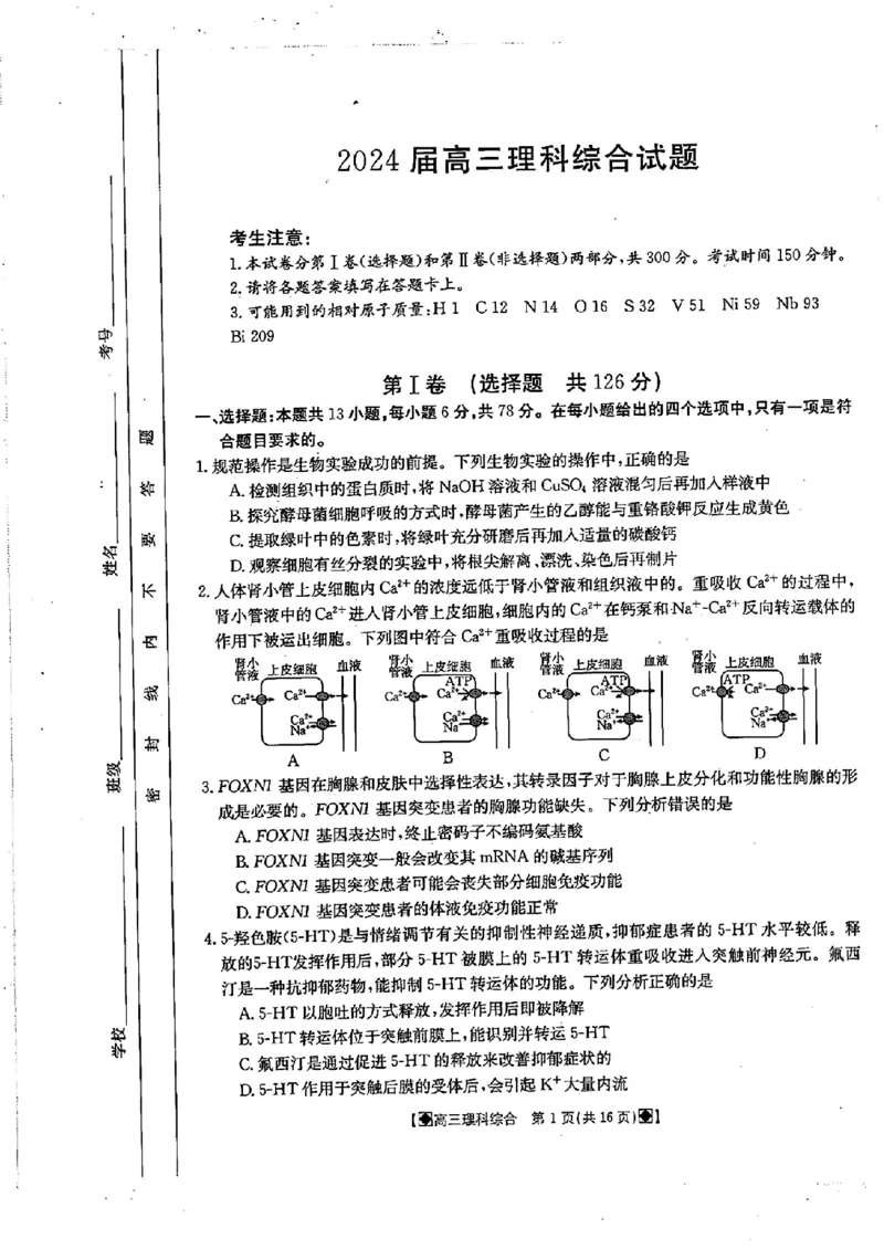2024届四川金太阳高三2月联考-理科综合(1)_2024年3月_013月合集_2024届四川省金太阳高三下学期开学考试