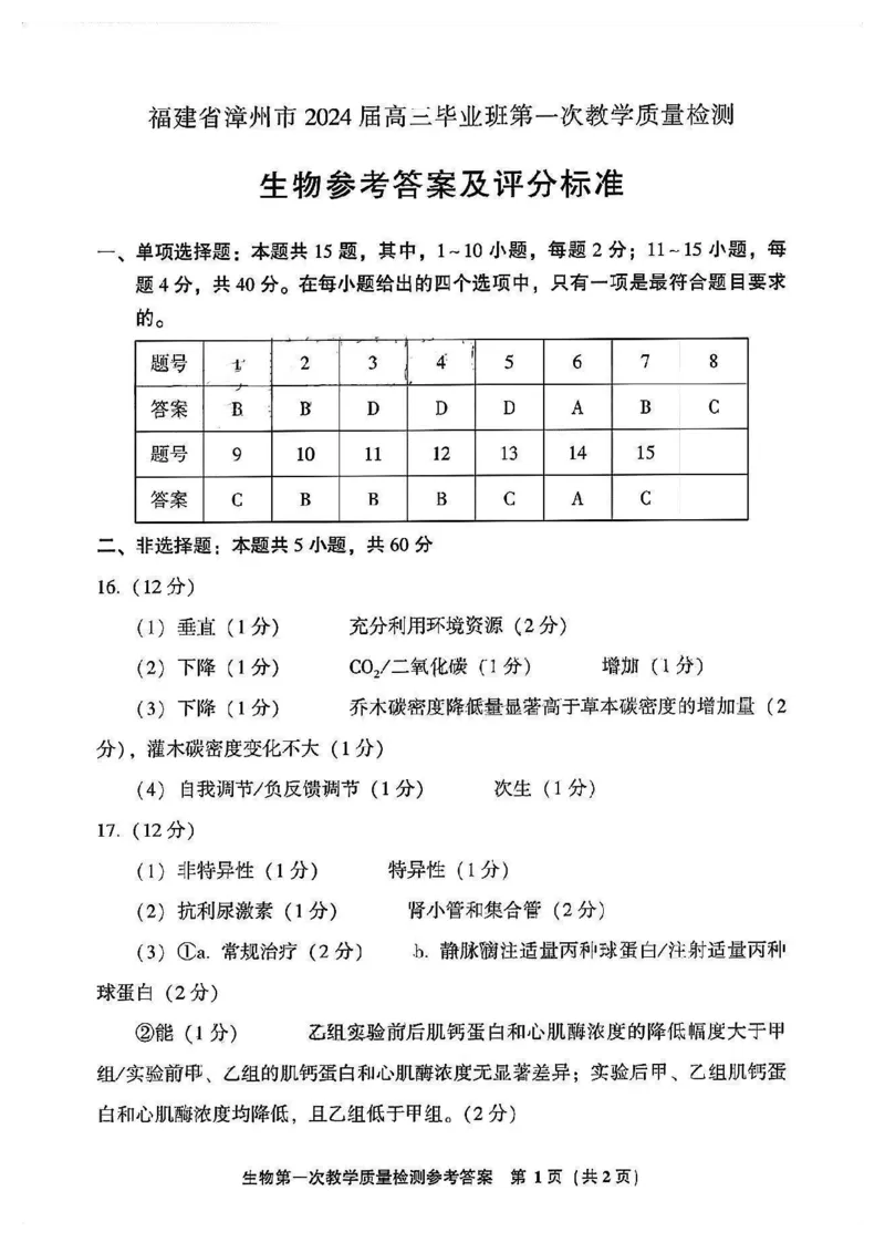 福建省漳州市2023-2024学年高三上学期第一次教学质量检测生物试题(1)_2023年9月_029月合集_2024届福建省漳州市高三上学期第一次教学质量检测