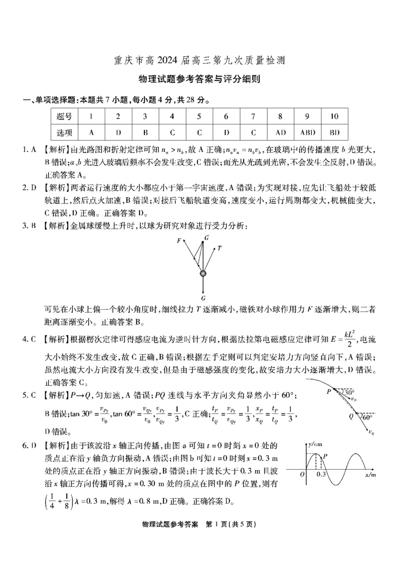 物理试题卷答案_2024年6月(1)_01按日期_01号_2024届重庆市南开中学高三第九次质量检测_重庆市南开中学高2024届高三年级第九次质量检测物理