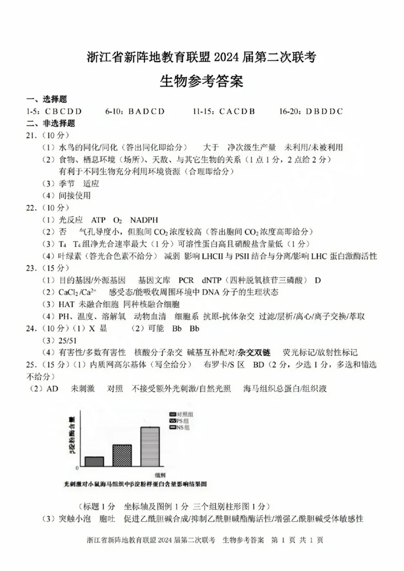 生物参考答案(1)_2023年10月_0210月合集_2024届浙江省新阵地教育联盟高三上学期第二次联考_浙江省新阵地教育联盟2024届高三上学期第二次联考生物