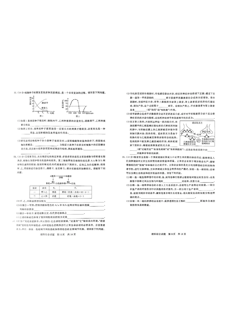 2024届山西高三第二次学业质量评价理科综合试题_2024年3月_013月合集_2024届山西省高三第二次学业质量评估_山西省2024届高三第二次学业质量评估理综