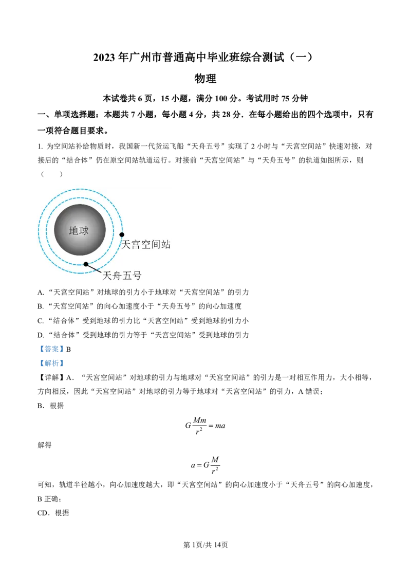 2023届广东省广州市普通高中高三下学期综合测试（一）物理试题（解析版）_2024年2月_01每日更新_13号_2023届广州市普通高中毕业班综合测试(一)全科