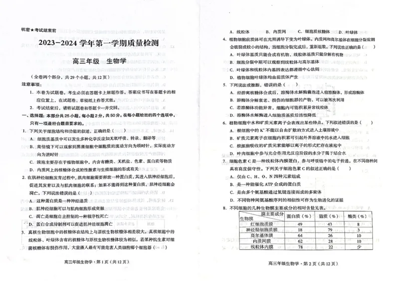 生物(1)_2023年10月_0210月合集_2024届云南省高三上学期10月第一次质量检测_云南省2024届高三上学期10月第一次质量检测生物