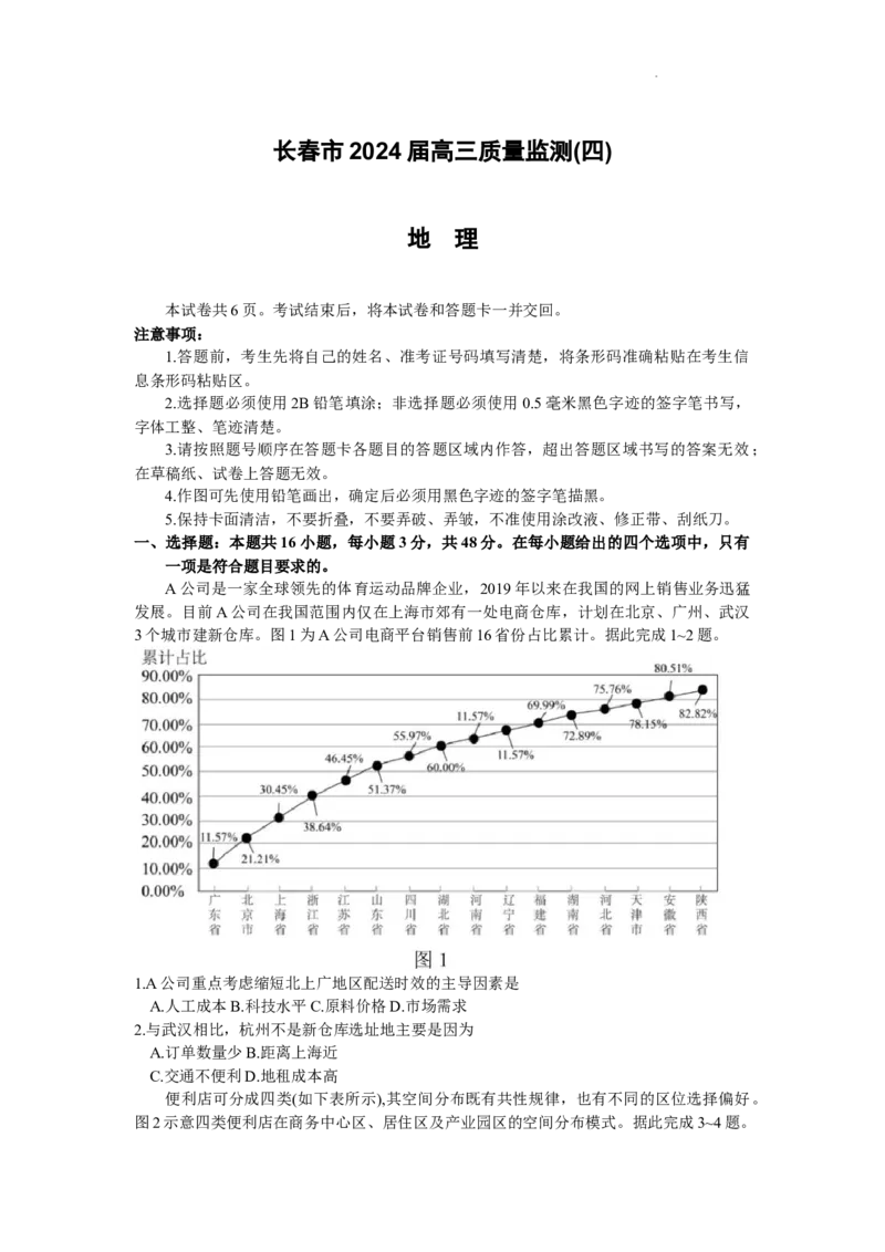 2024届吉林省长春市高三质量监测（四）地理试题(1)_2024年5月_025月合集_2024届吉林省长春市高三下学期四模试题