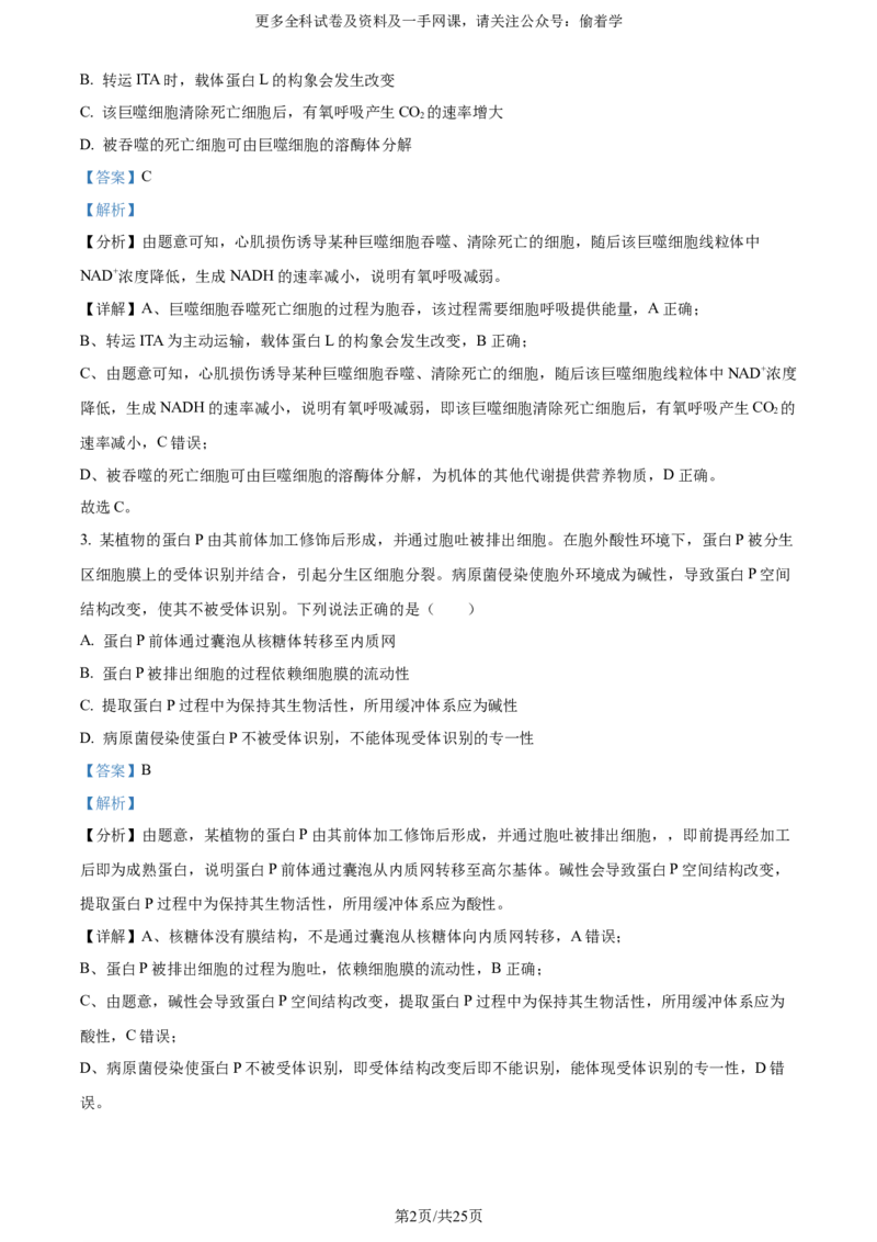 精品解析：2024年新课标高考真题山东卷生物（解析版）_2024年高考真题卷_2024年新高考山东高考真题_2024年新高考山东卷生物高考真题解析（参考版）