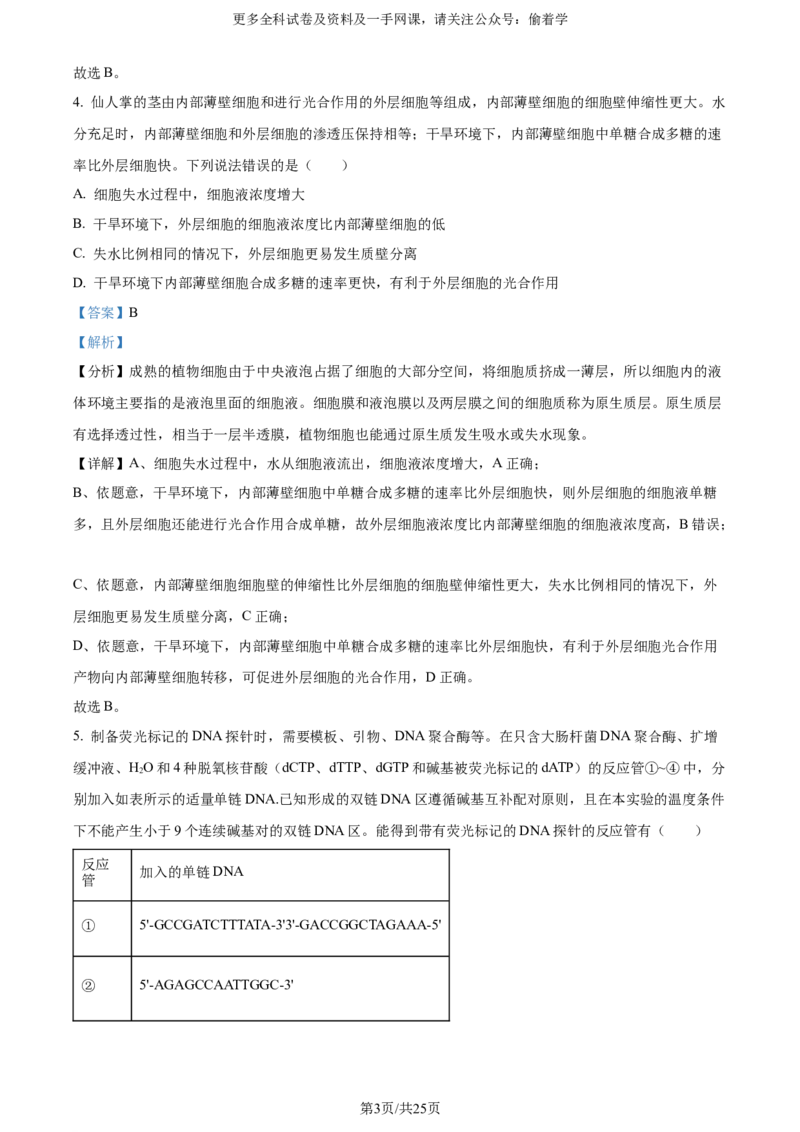精品解析：2024年新课标高考真题山东卷生物（解析版）_2024年高考真题卷_2024年新高考山东高考真题_2024年新高考山东卷生物高考真题解析（参考版）