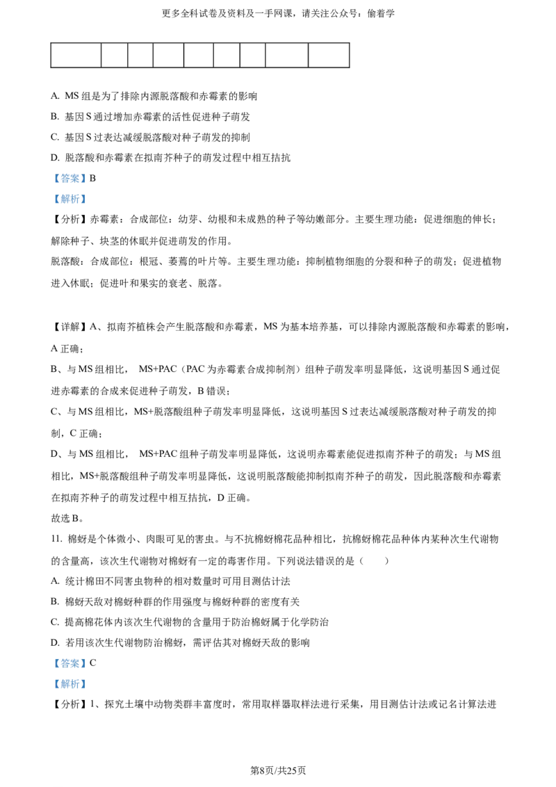 精品解析：2024年新课标高考真题山东卷生物（解析版）_2024年高考真题卷_2024年新高考山东高考真题_2024年新高考山东卷生物高考真题解析（参考版）