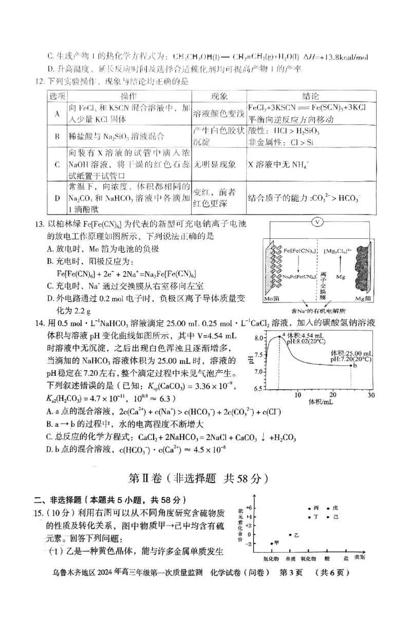 2024届新疆乌鲁木齐市高三第一次质量监测化学试题_2024年2月_01每日更新_01号_2024届新疆乌鲁木齐市高三上学期第一次质量监测_新疆乌鲁木齐市2024届高三上学期第一次质量监测化学