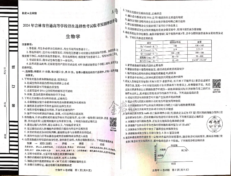 生物_2024高考押题卷_12024天星全系列_@@@天星临考押题密卷汇总重复_2024年tx高考临考押题密卷吉林专版_试卷