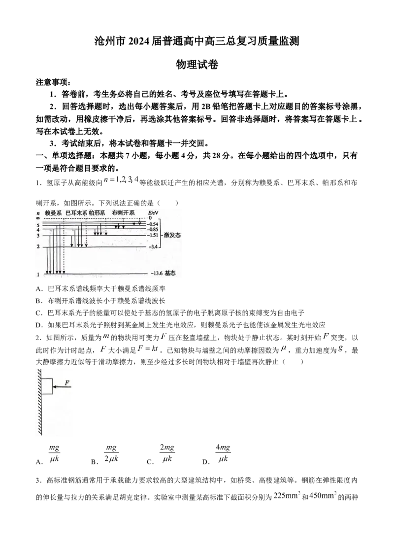 2024届河北省市沧州市高三下学期复习质量检测（二模）物理试题(1)_2024年4月_024月合集_2024届河北省沧州市高三总复习质量监测（二模）
