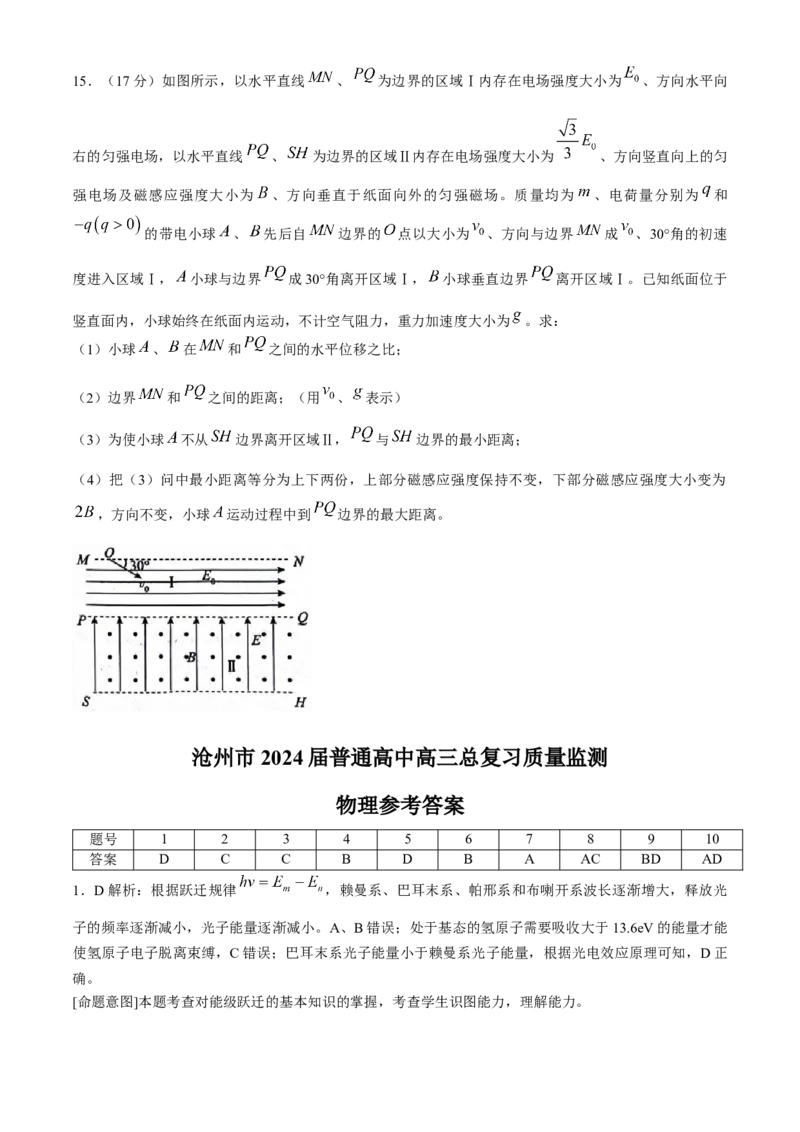 2024届河北省市沧州市高三下学期复习质量检测（二模）物理试题(1)_2024年4月_024月合集_2024届河北省沧州市高三总复习质量监测（二模）