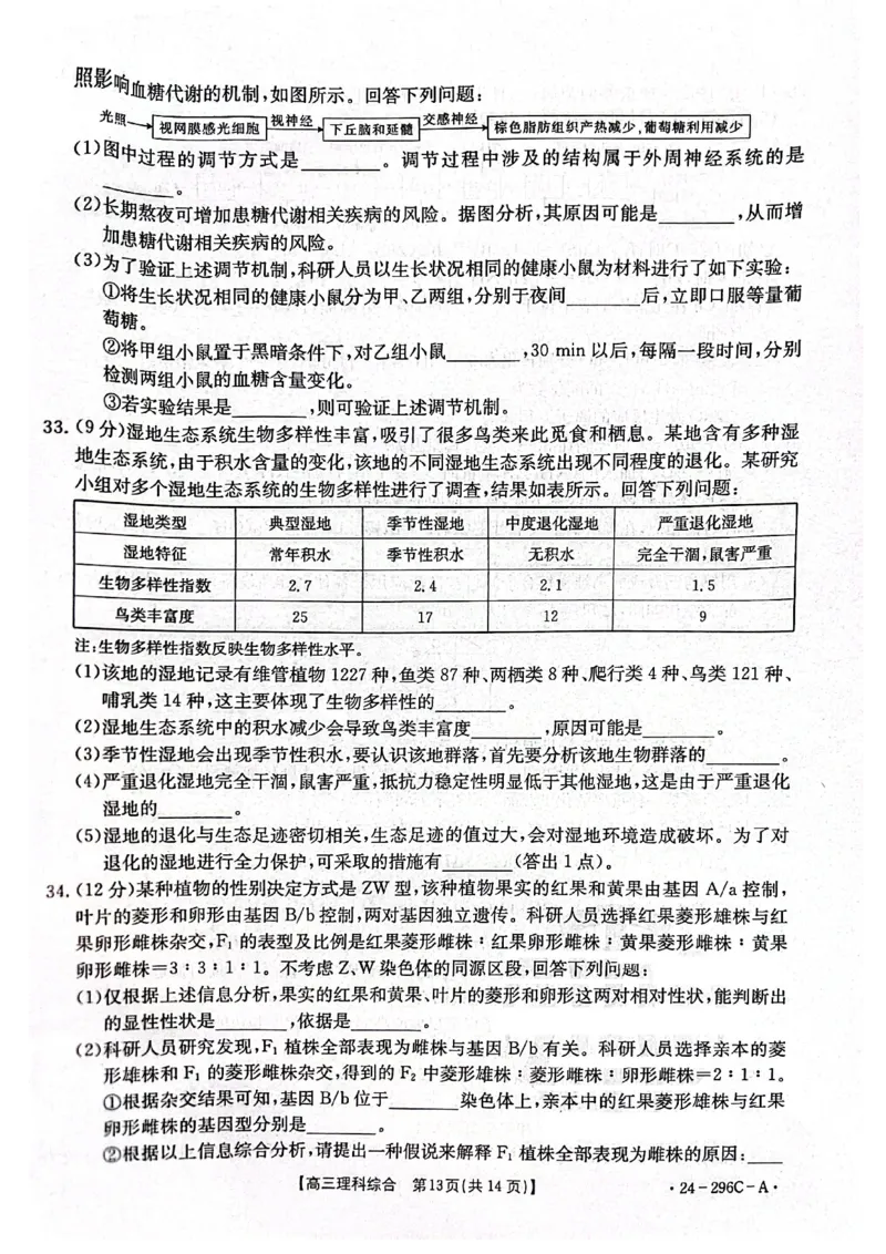 2024届山西省晋城市高三上学期第一次模拟考试理综试题_2024年2月_01每日更新_01号_2024届山西省晋城市高三上学期第一次模拟考试（296C）