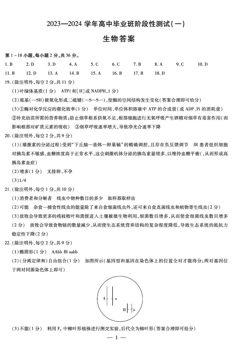 生物答案(1)_2023年10月_0210月合集_2024届陕西省天一大联考高三上学期10月阶段性测试（一）_陕西省天一大联考2024届高三上学期10月阶段性测试（一）生物