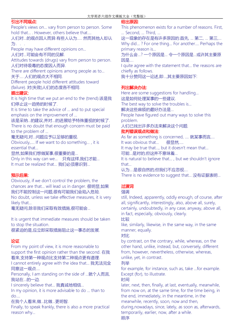 大学英语六级作文模板大全(完整版)_英语四六级整合_英语四六级真题版本二此版为主此文件夹会持续更新_四六级单词汇总_四级单词_赠四六级加油包_写作