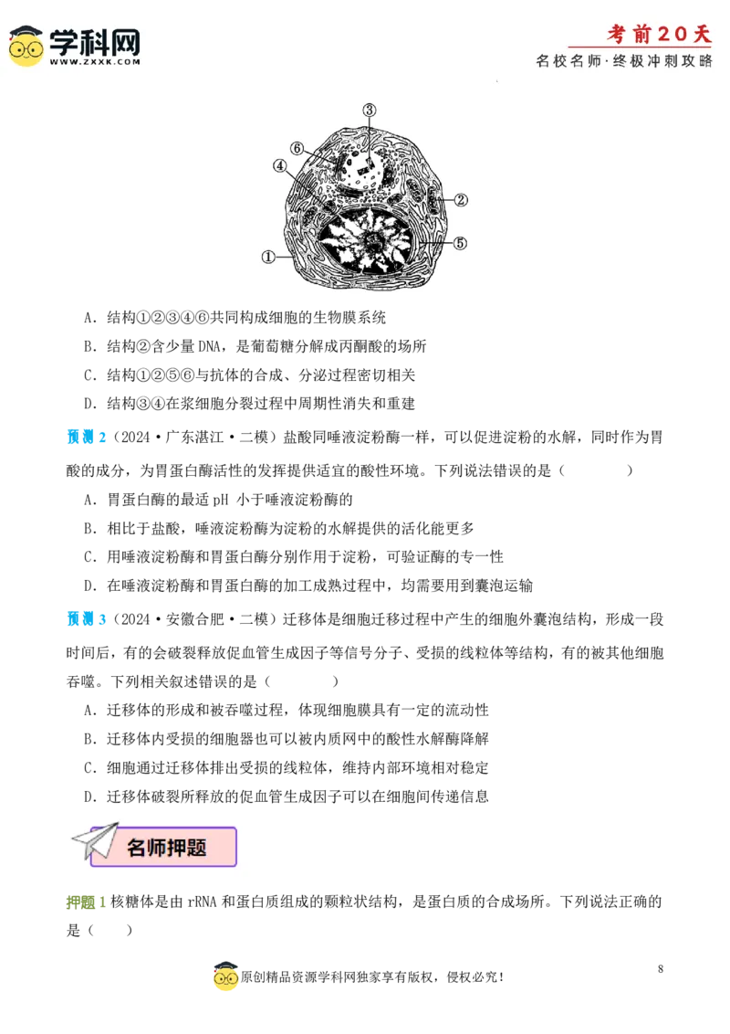 生物（一）-2024年高考考前20天终极冲刺攻略_2024高考押题卷_62024学科网全系列_20学科网高考考前终极攻略_生物-2024年高考考前20天终极冲刺攻略