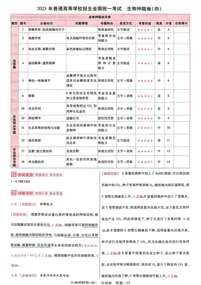 生物答案_2023高考押题卷_2023版天星金考卷最后一卷_全国卷版_最后一卷&middot;生物