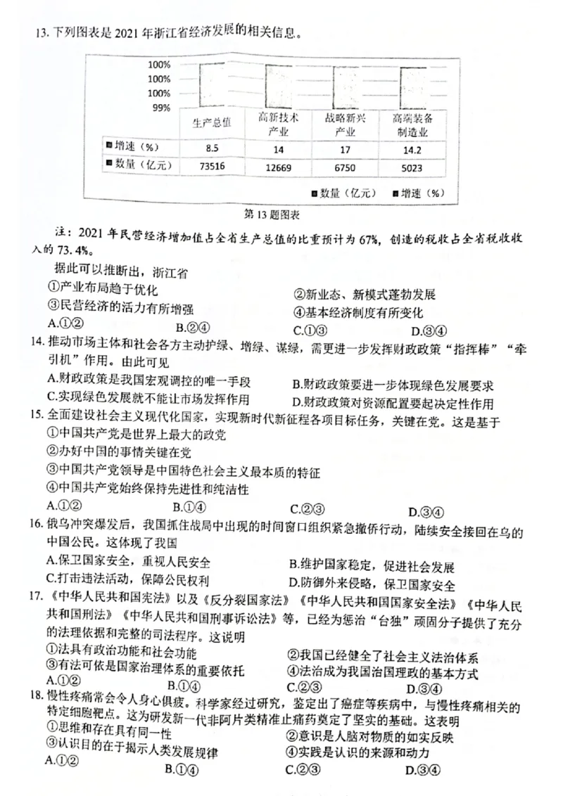 浙江省七彩阳光新高考研究联盟2022-2023学年高三上学期返校联考政治试卷_2023年7月_01每日更新_31号_2023届浙江省七彩阳光新高考研究联盟高三上学期返校联考