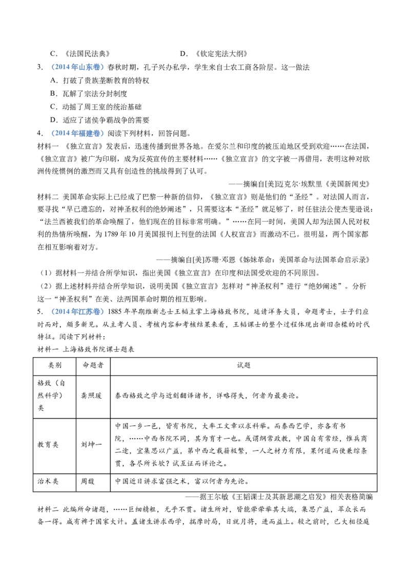 专题21选择性必修三：文化交流与传播（原卷卷）_近10年高考真题汇编（必刷）_十年（2014-2024）高考历史真题分项汇编（全国通用）_十年（2014-2023）高考历史真题分项汇编（全国通用）