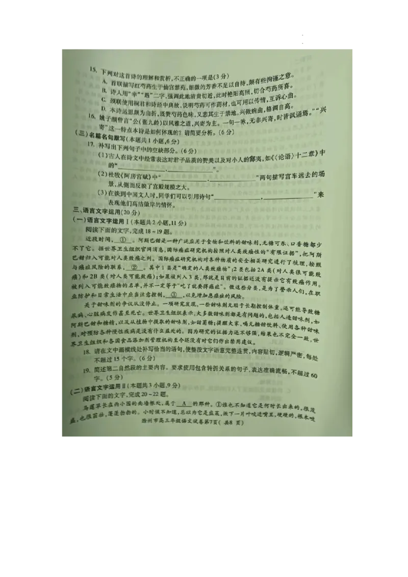 2024届安徽省滁州市高三第二次教学质量监测语文试题_2024年4月_01按日期_21号_2024届安徽省蚌埠四模（滁州二模）_2024届安徽省滁州市高三第二次教学质量监测语文试题