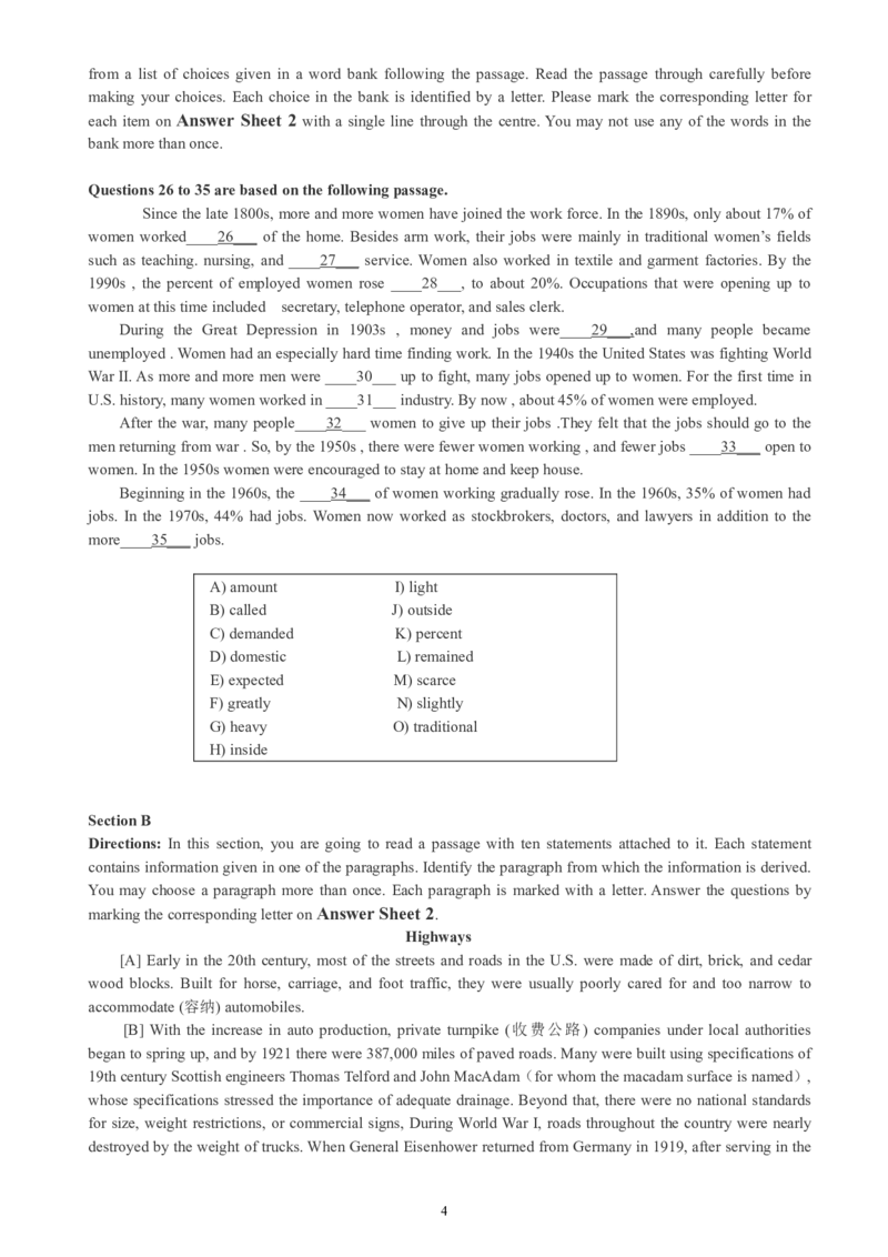 四级通关模拟卷第四套_英语四六级整合_英语四六级真题版本一此版本可作为补充_大学英语CET4_X0_03-四级模拟题_四级模拟题1-5套（赠送）_四级通关模拟卷（4）