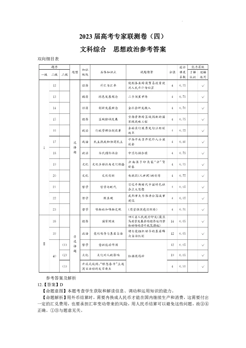 2023届四川省成都市高三下学期高考专家联测卷（四）丨文综答案_2024年2月_01每日更新_14号_2023届四川省成都市2023届高三高考专家联测卷（四）全科