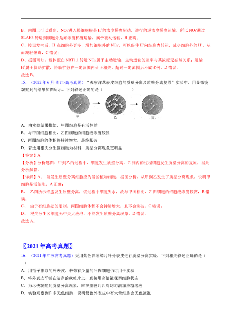 专题03物质运输-五年（2019-2023）高考生物真题分项汇编（全国通用）（解析版）_赠送：2008-2024全套高考真题_高考生物真题_送高考生物五年真题(2019-2023)分项汇编（全国通用）