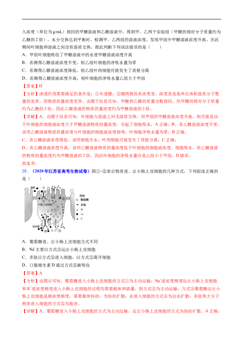 专题03物质运输-五年（2019-2023）高考生物真题分项汇编（全国通用）（解析版）_赠送：2008-2024全套高考真题_高考生物真题_送高考生物五年真题(2019-2023)分项汇编（全国通用）