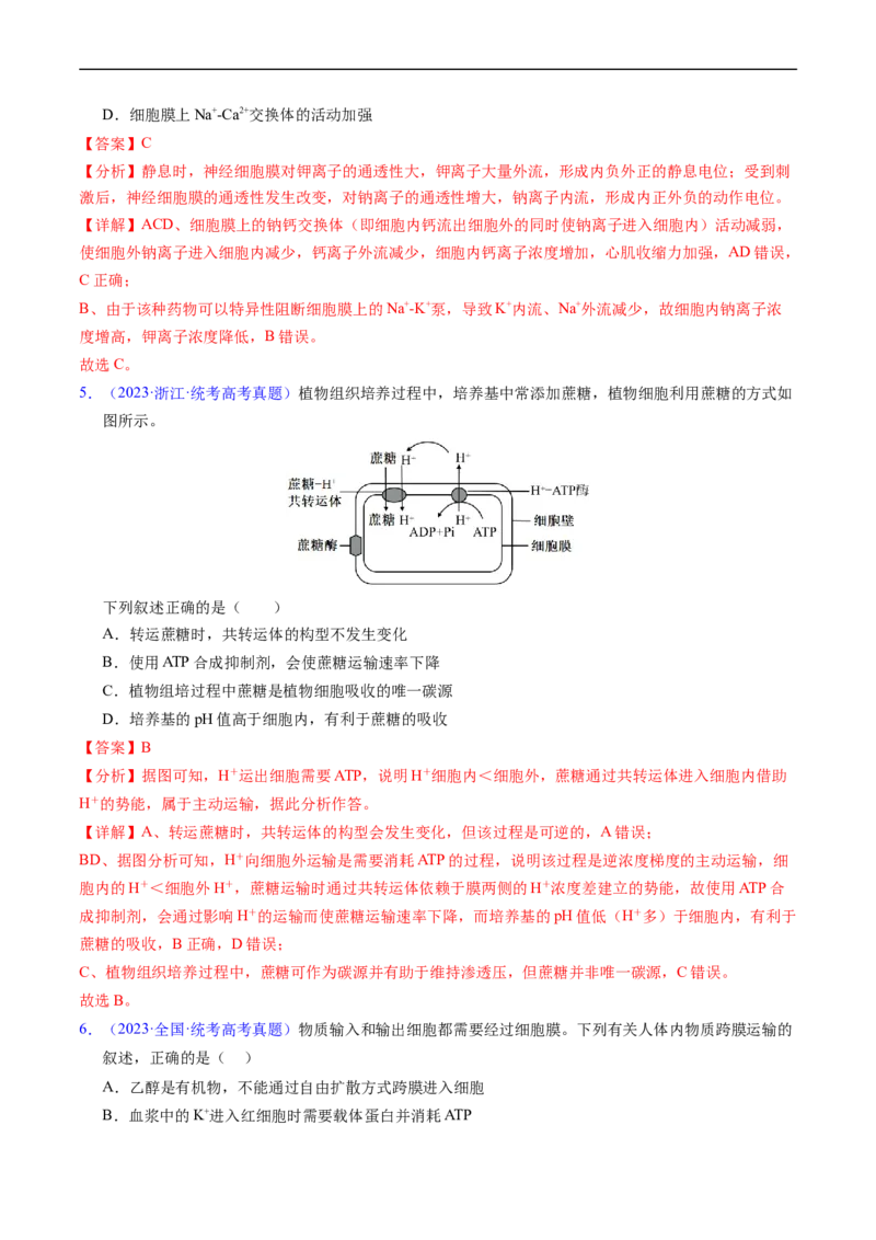 专题03物质运输-五年（2019-2023）高考生物真题分项汇编（全国通用）（解析版）_赠送：2008-2024全套高考真题_高考生物真题_送高考生物五年真题(2019-2023)分项汇编（全国通用）