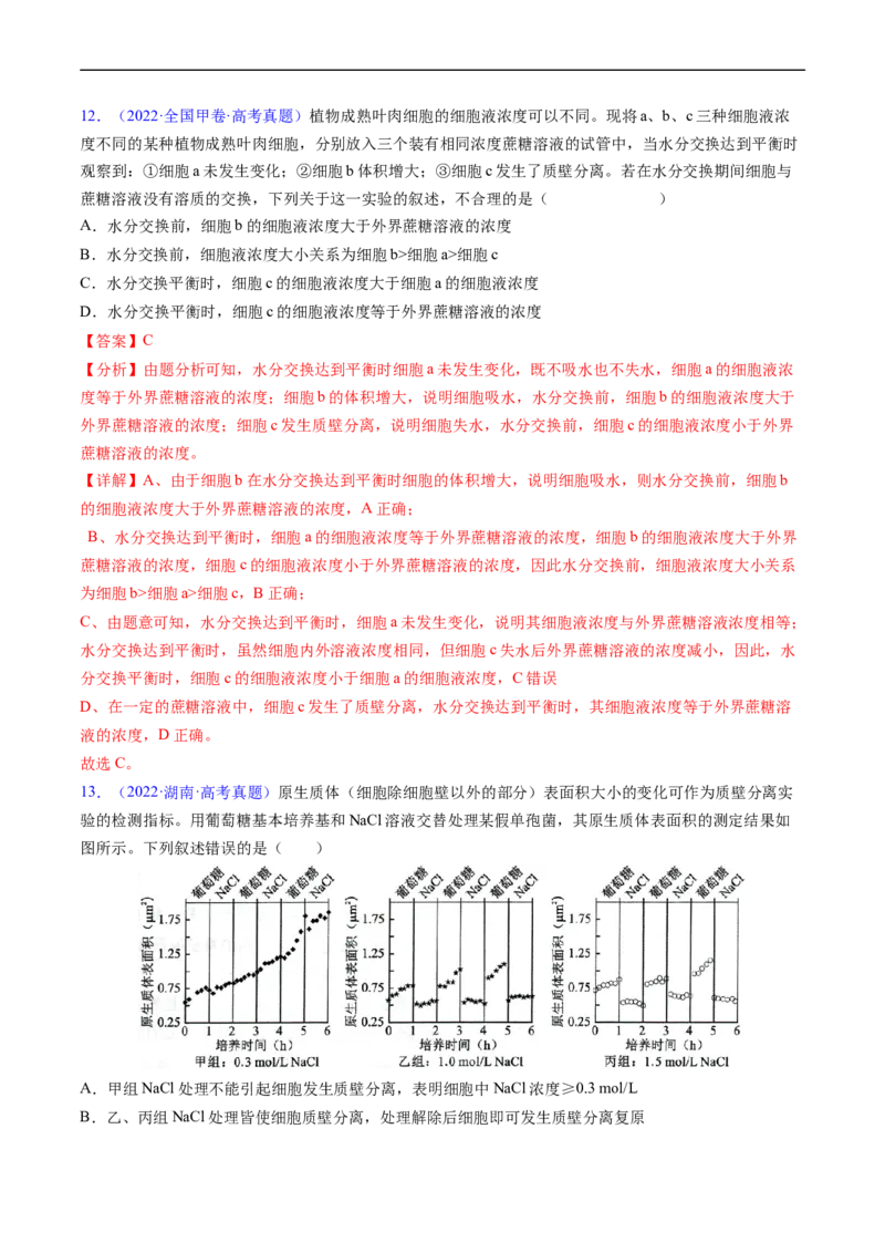 专题03物质运输-五年（2019-2023）高考生物真题分项汇编（全国通用）（解析版）_赠送：2008-2024全套高考真题_高考生物真题_送高考生物五年真题(2019-2023)分项汇编（全国通用）