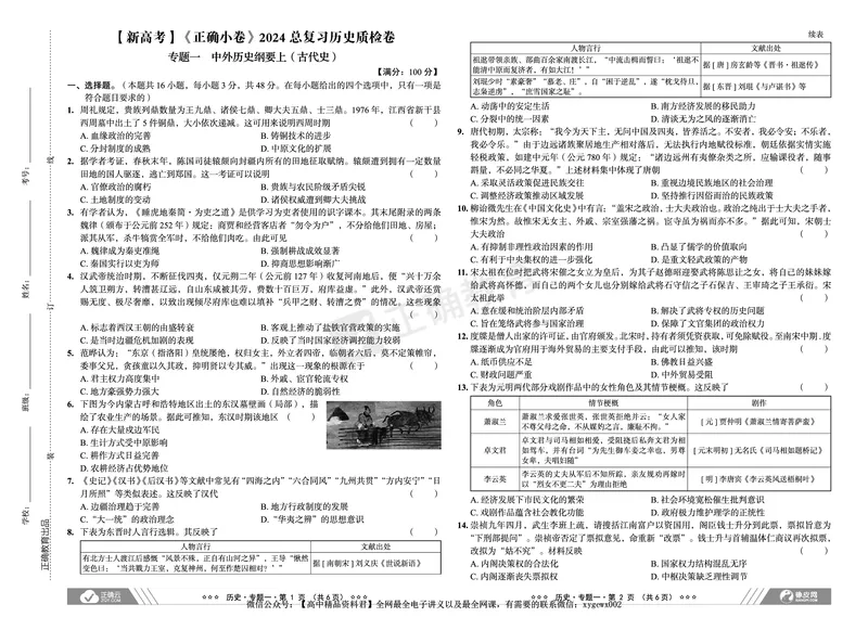 新高考《正确小卷》2024总复习历史质检卷_2024高考押题卷_72024正确教育全系列_2024年正确小卷全系列_（新高考）2024《正确小卷&middot;复习质检卷》（九科全）各两套