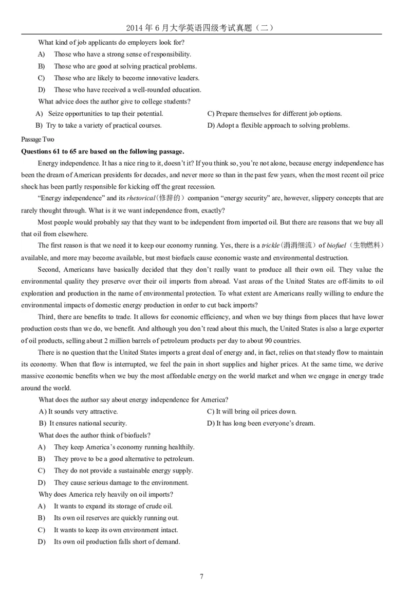 ❤2014年6月年大学英语四级考试真题（二）_英语四六级整合_英语四六级真题版本二此版为主此文件夹会持续更新_四级真题_1.四级真题+答案解析+听力音频(1989-2025)_2014年_2014年06月CET4