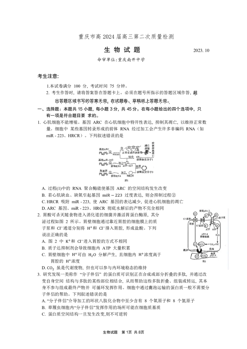 重庆市南开中学高2024届高三第二次质量检测生物试题(1)_2023年10月_0210月合集_2024届重庆市南开中学高高三质量检测（二）_重庆市南开中学高2024届高三质量检测（二）生物