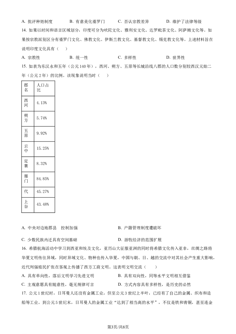 精品解析：江西省宜春市宜丰中学2024届高三9月月考历史试题（原卷版）_2023年9月_01每日更新_19号_2024届江西省宜春市宜丰县宜丰中学高三上学期9月月考