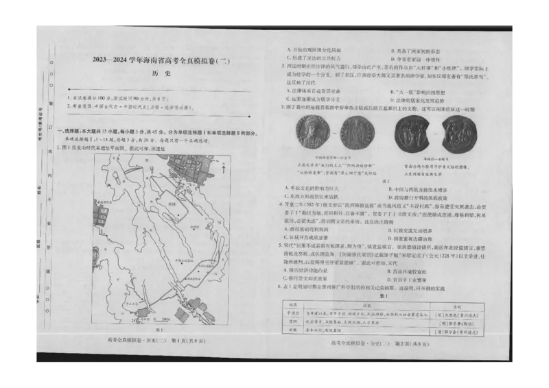 高三历史试卷(1)_2023年10月_0210月合集_2024届海南省高考全真模拟卷（二）_海南省2024届高考全真模拟卷（二）历史