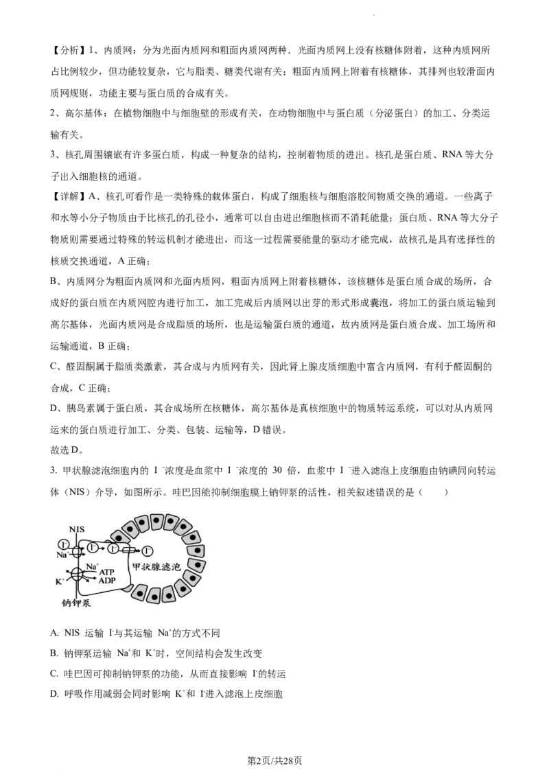 精品解析：江苏省基地大联考2023-2024学年高三上学期第一次质量监测生物试题（解析版）_2023年9月_01每日更新_16号_2024届江苏省基地大联考高三上学期第一次质量监测