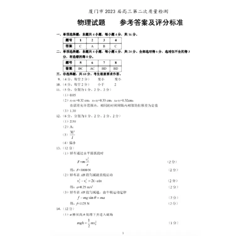 2023届福建省厦门市高三毕业班第二次质量检测丨物理答案(1)_2024年2月_022月合集_2023届福建省厦门市高三毕业班第二次质量检测全科