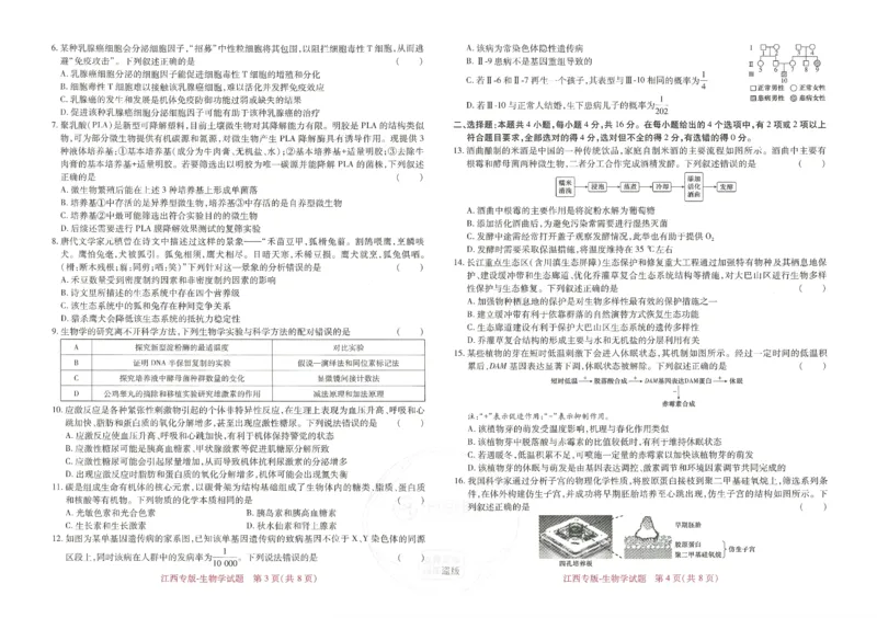 王后雄高考押题预测卷2024江西专版-生物_2024高考押题卷_22024王hou雄_（新高考）2024王后雄押题预测卷（分科版）_6.生物