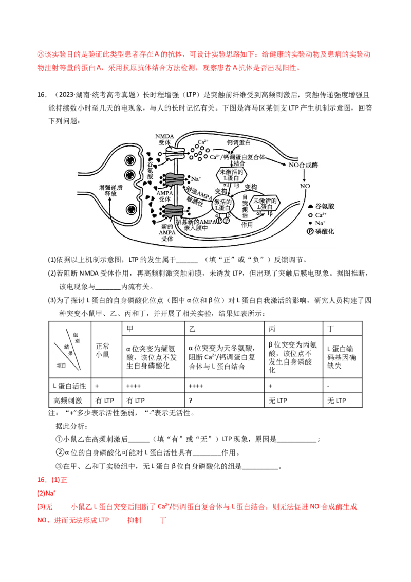 专题12神经调节（解析卷）_近10年高考真题汇编（必刷）_十年（2014-2024）高考生物真题分项汇编（全国通用）_2023年高考真题和模拟题生物分项汇编（全国通用）