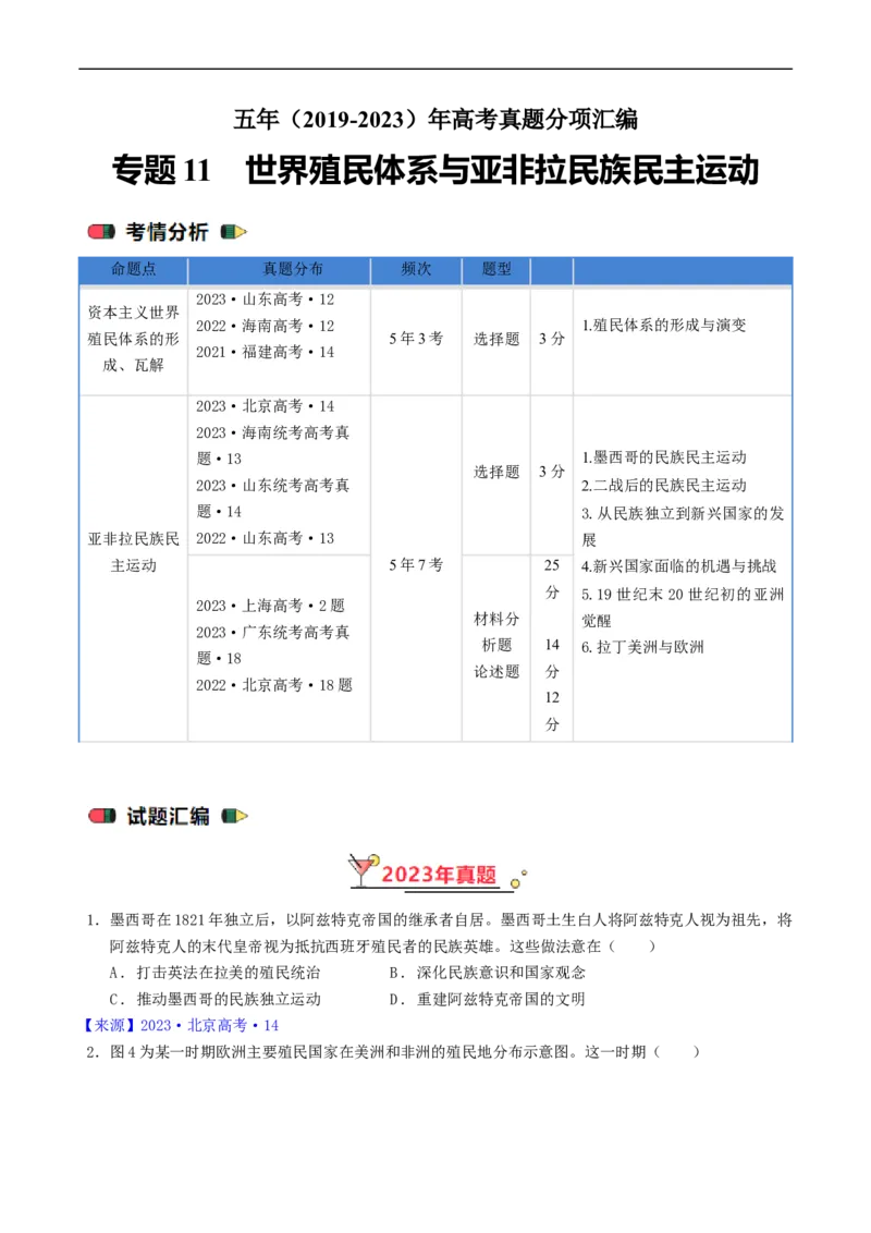 专题11世界殖民体系与亚非拉民族民主运动（原卷版）_赠送：2008-2024全套高考真题_高考历史真题_送高考历史五年真题(2019-2023)分项汇编（全国通用）